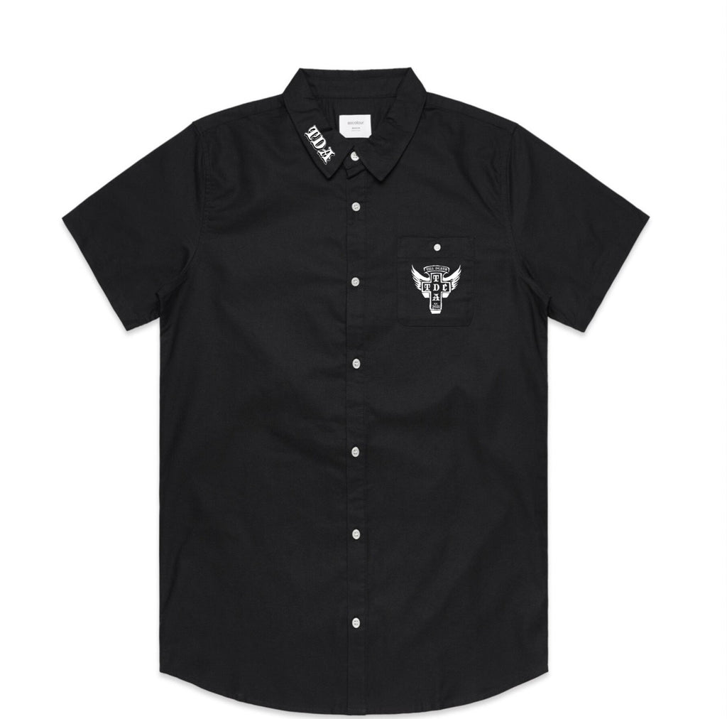 Black DOGTOWN button-up shirt, front